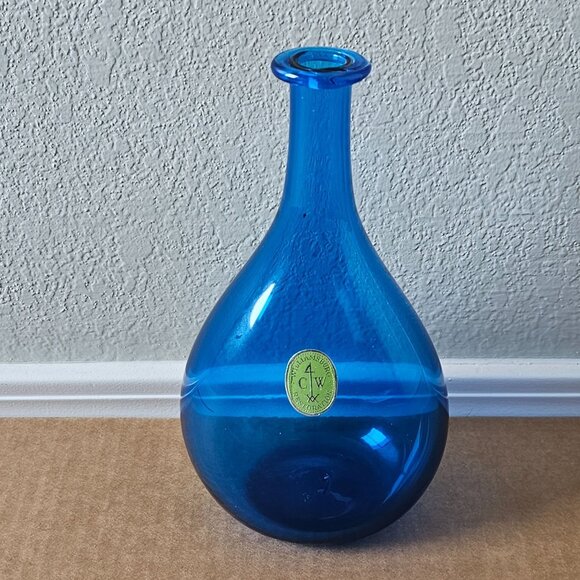 Blenko Williamsburg Restoration Sapphire Blue Glass Vase Wine Bottle With Label - Picture 2 of 9